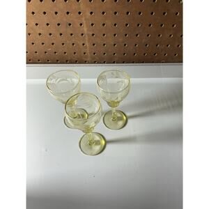 Antique 1920s Lancaster YELLOW TOPAZ Etched Floral Water Lily Wine Stems